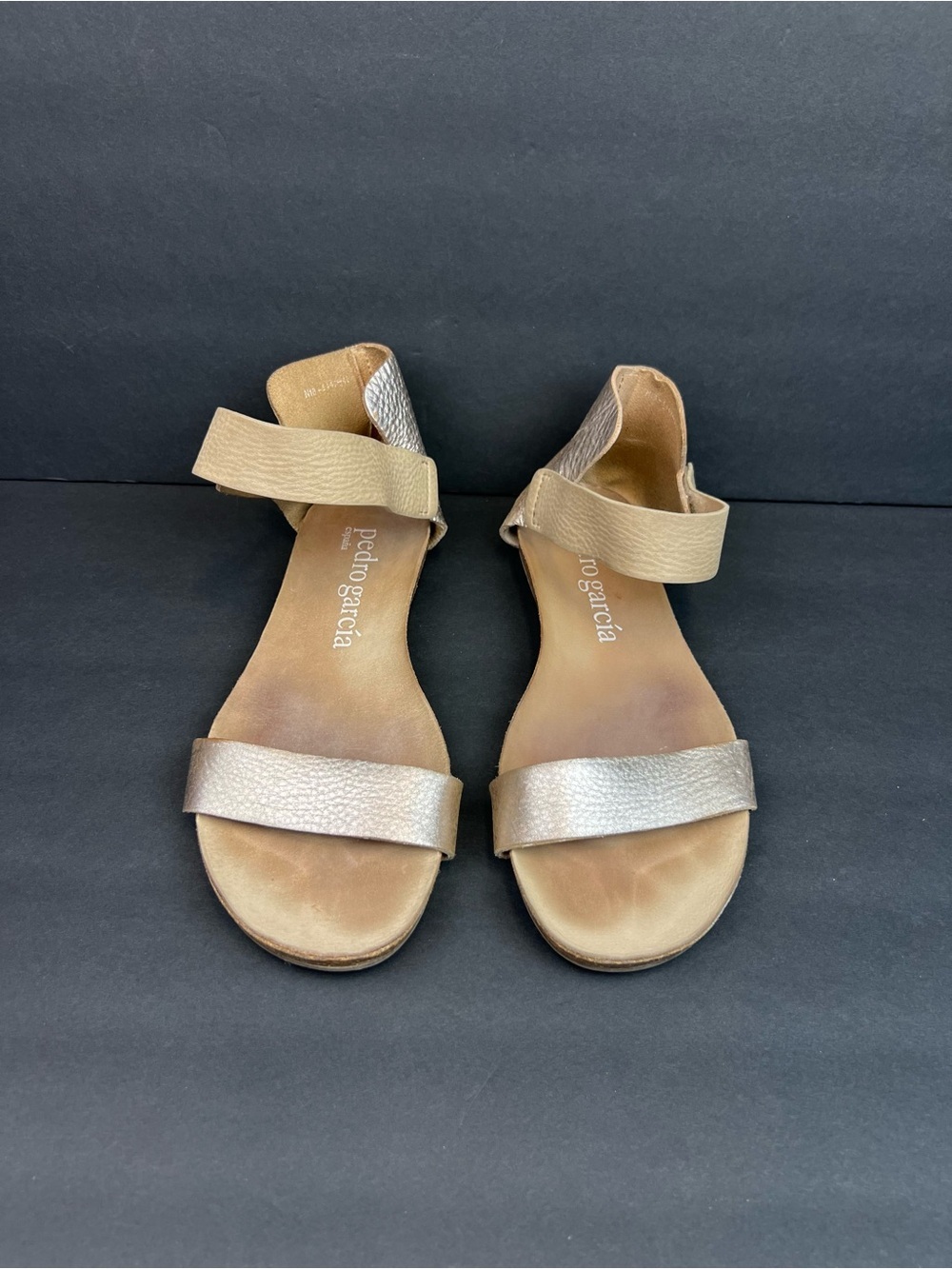 PEDRO GARCIA Pewter & Khaki Leather Flat Ankle Strap Sandals Size 10